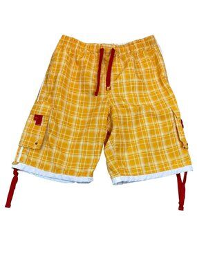 Exist Supreme Mens Swim Trunks Swimwear Size XL Yellow Plaid Drawstring Cargo